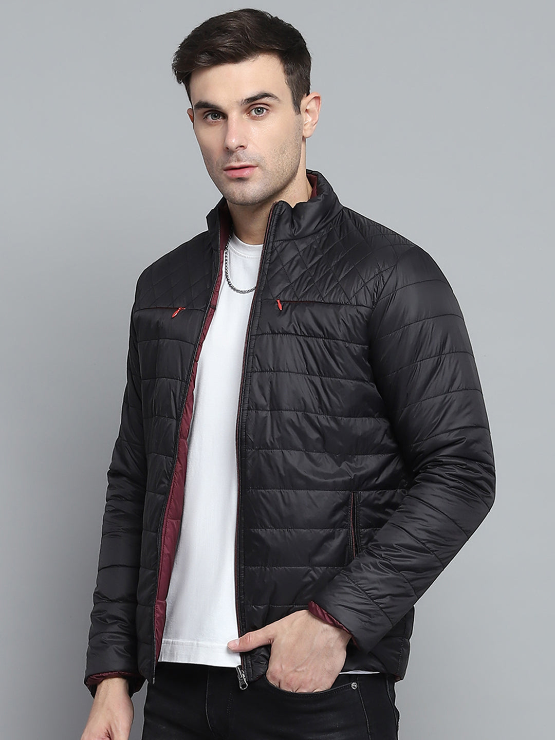 Men Black Solid Mock Neck Full Sleeve Jacket