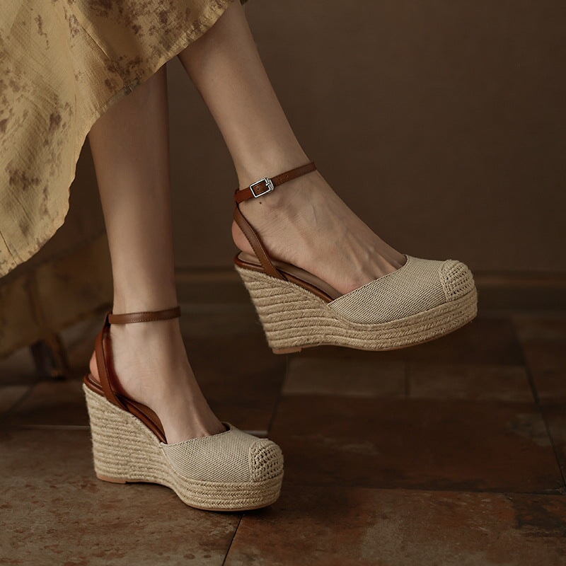 100mm Slingback Espadrille-Wedge Leather Sandals Ankle Strap in Apricot/Blue