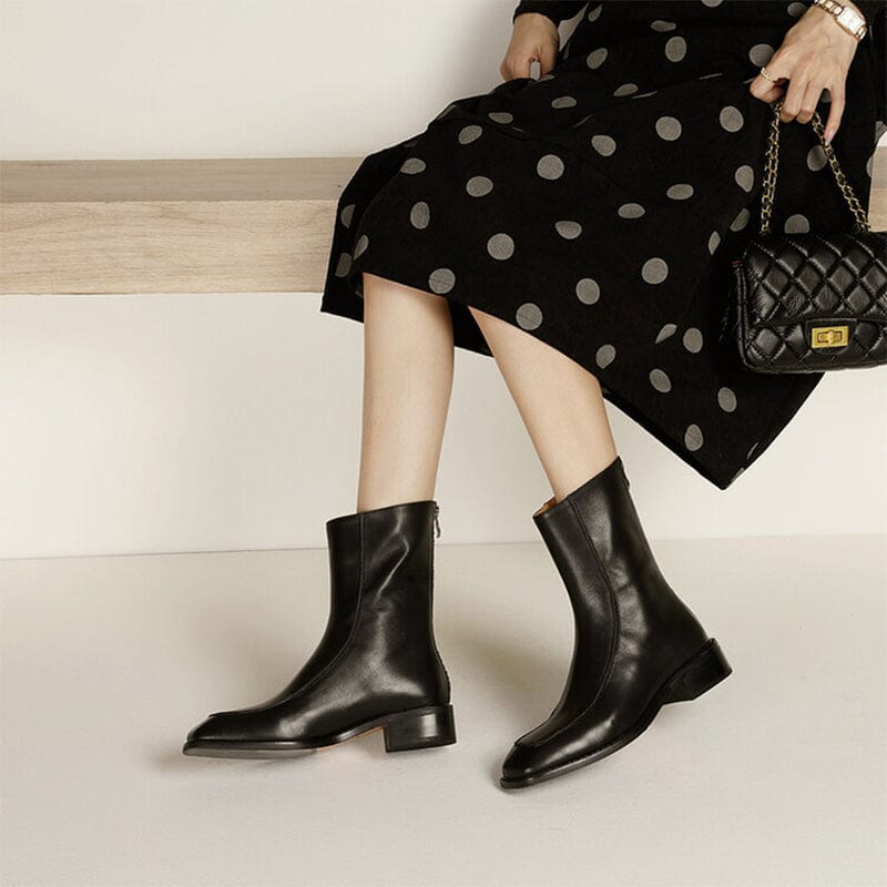 Leather Chelsea Boots Retro Square Toe Ankle Boots Low Heel in Red/Black/White