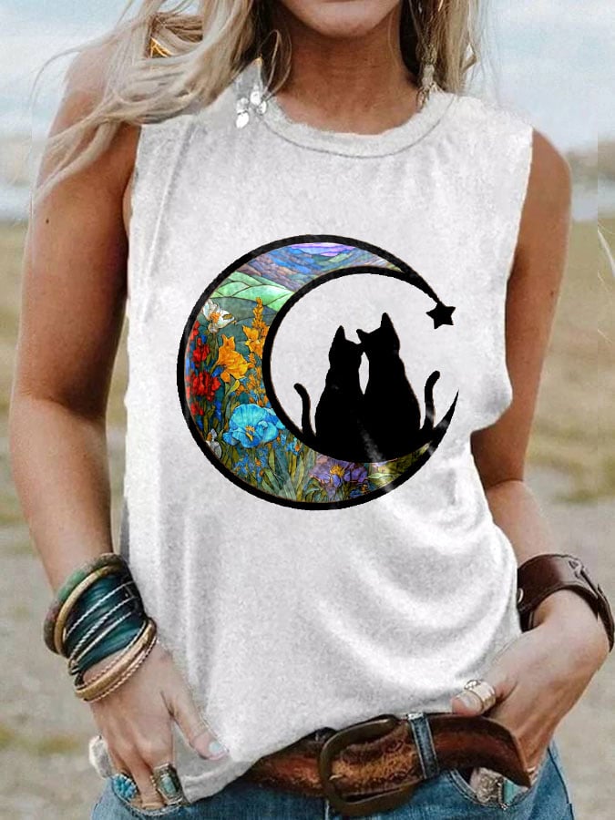 Women's Art Moon Cat Print Vest