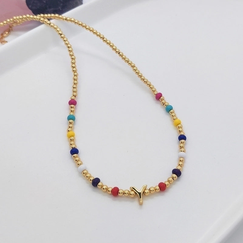 Ig Style Minimalist Letter Glass Copper Beaded Knitting Plating 18k Gold Plated Necklace