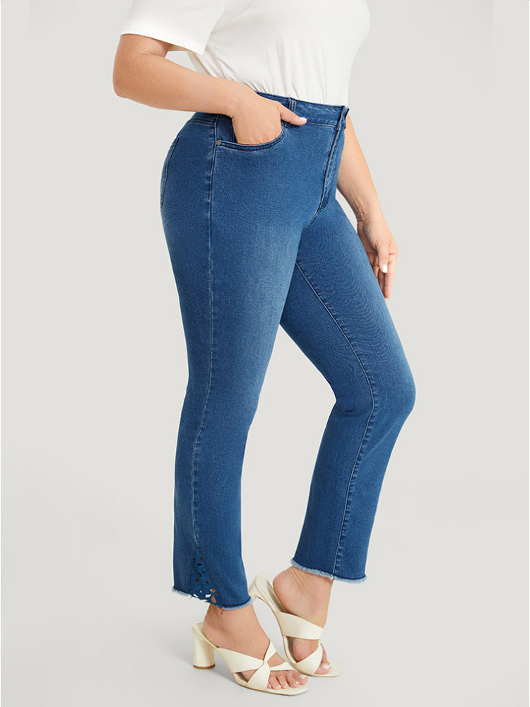 Very Stretchy High Rise Medium Wash Lace Insert Raw Hem Jeans