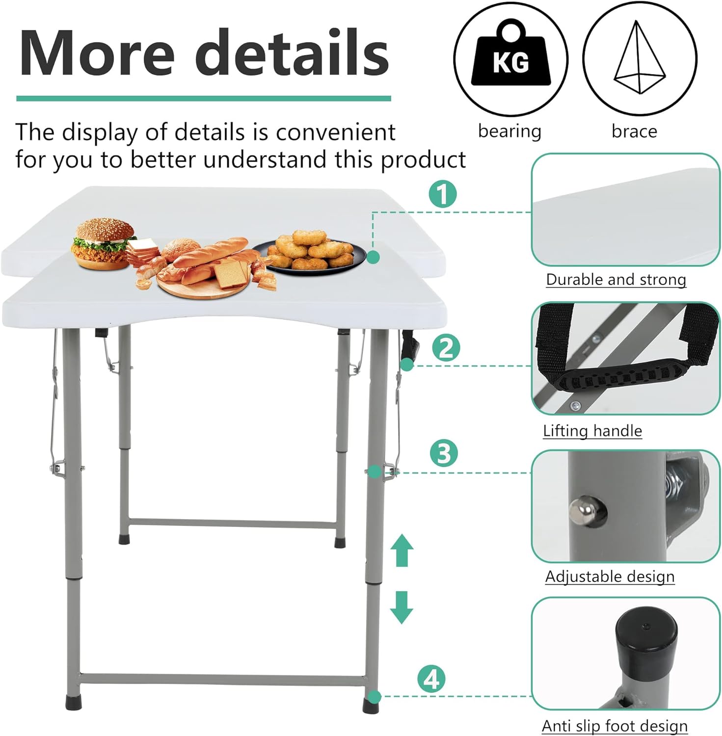 Folding. Half Portable Foldable Table for Parties. Backyard Events.White 1.2M