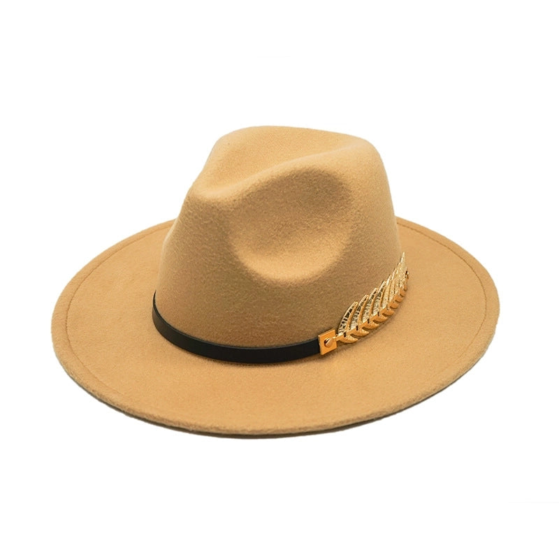 Style Fish Bone Gold Leaf Wool Gentleman Hat Large Brim Felt Hat Jazz Big Maple Leaf Imitation Wool Hat