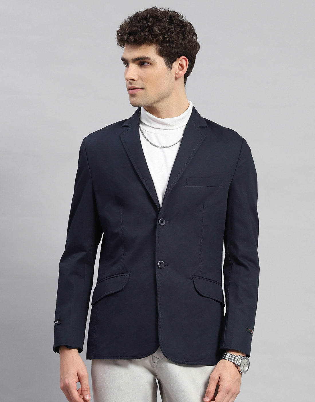 Men Navy Blue Solid Notch Lapel Collar Full Sleeve Blazer