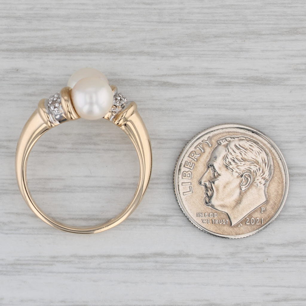 Cultured Pearl Diamond Bypass Ring 14k Yellow Gold Size 7