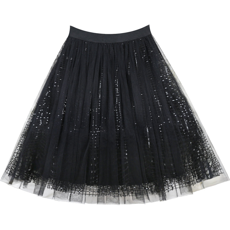 Diy Black Sequins Hollow Out tulle Pleated Skirt Summer