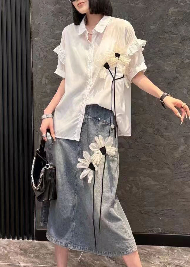 Modern White Peter Pan Collar Floral Shirts And Denim Skirts Two Pieces Set Short Sleeve Summer