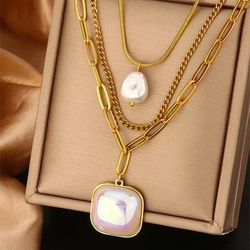 Vintage Style Commute Devil's Eye Heart Shape Lock 304 Stainless Steel Turquoise Rhinestones Pearl 18K Gold Plated Plating Inlay Layered Necklaces