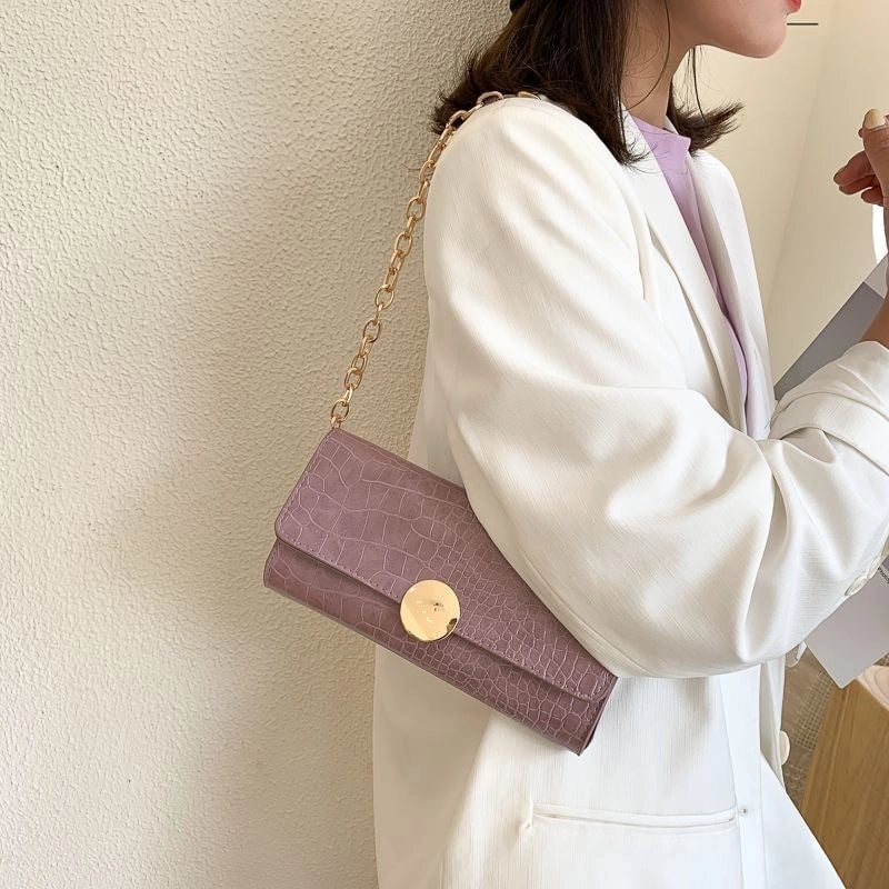 Women's Medium Pu Leather Solid Color Crocodile Elegant Vintage Style Square Flip Cover Baguette Bag