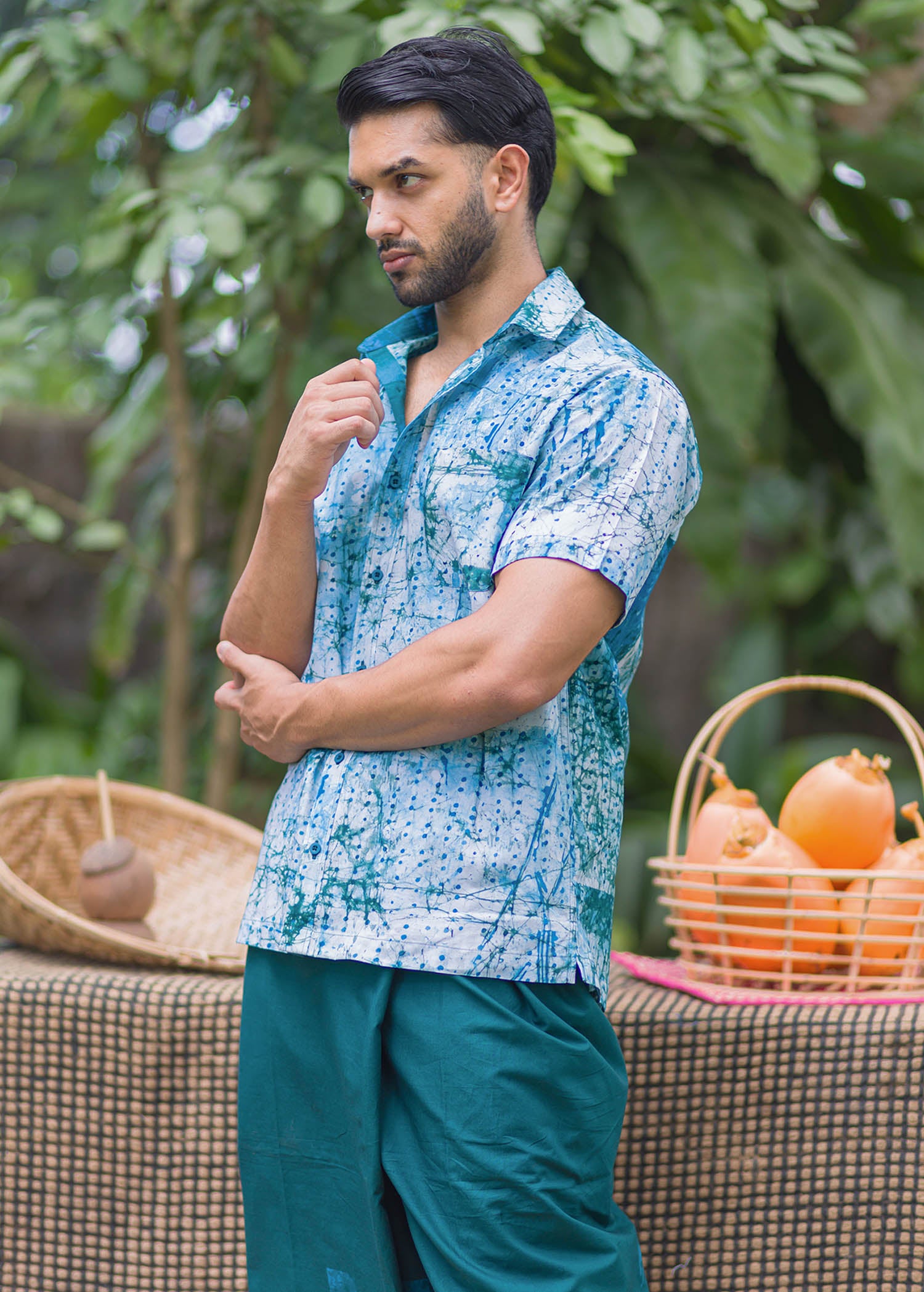 Batik White Shirt With Blue Dots and Patches