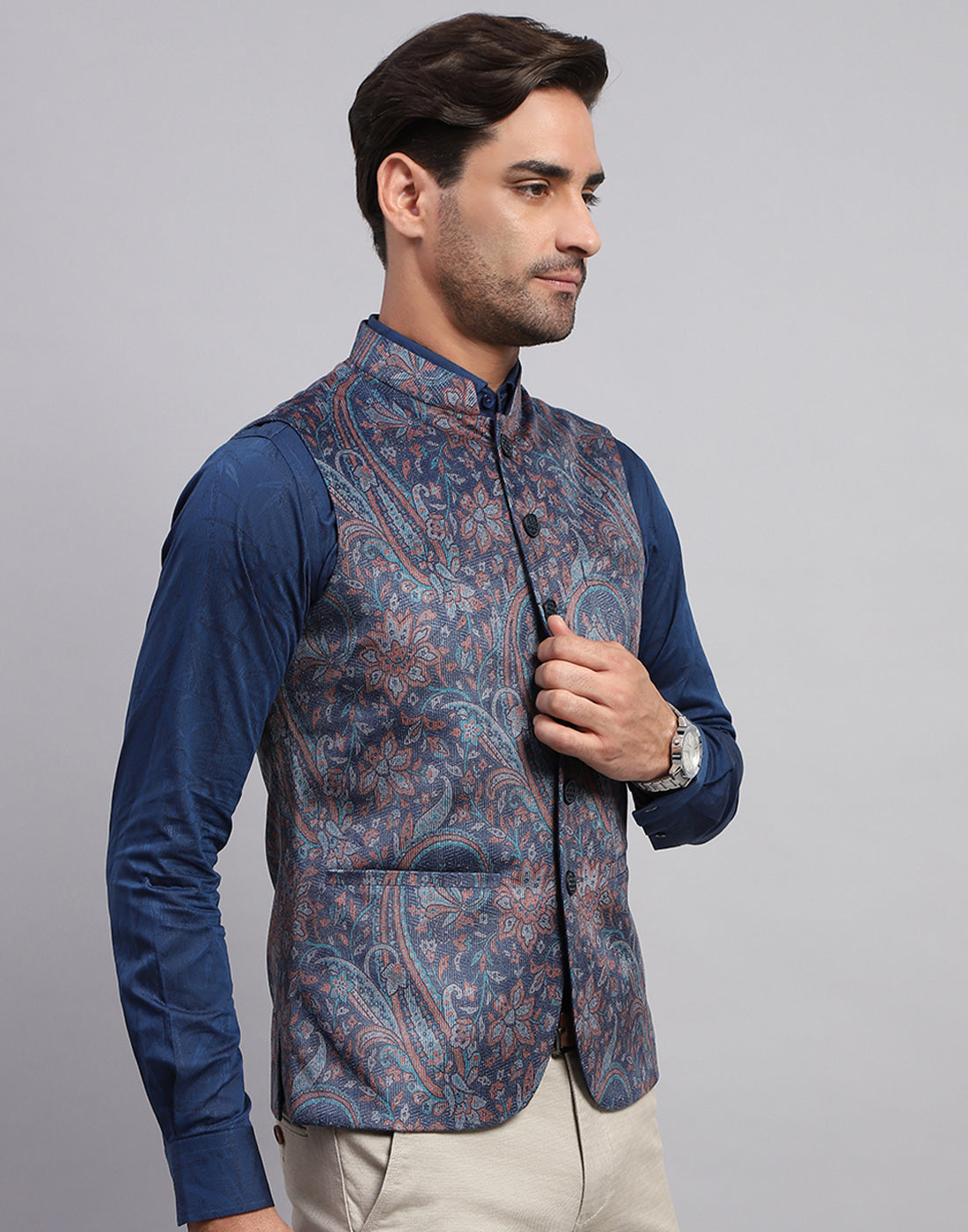 Men Multicolor Floral Print Band Collar Sleeveless Nehru Jacket