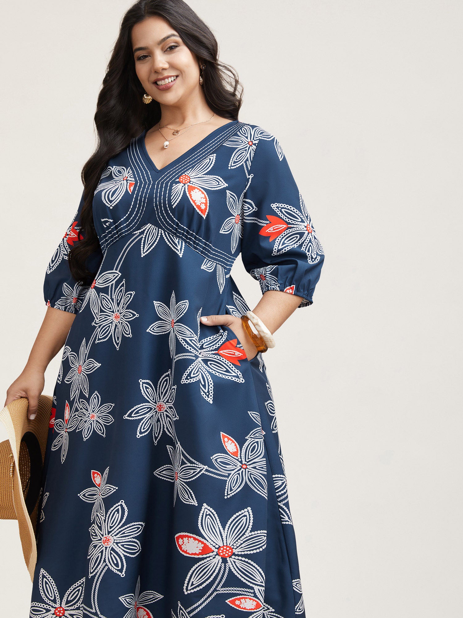 Boho Floral Arc Neck Waist-Cinched Dress
