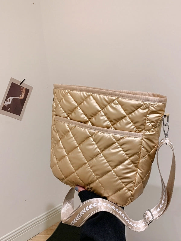 Women's Pu Leather Lingge Vintage Style Sewing Thread Bucket Zipper Shoulder Bag