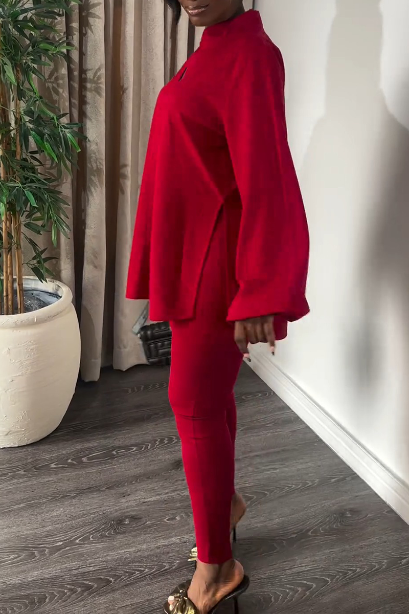 Casual Solid Color Slit Mandarin Collar Long Sleeve Two Pieces