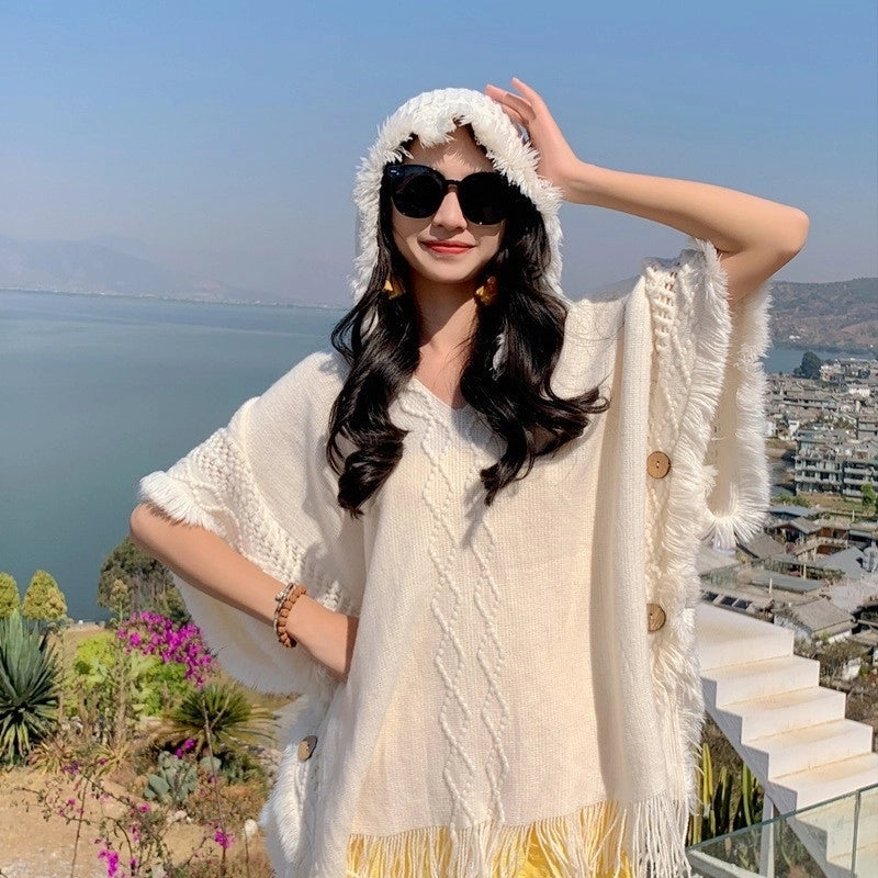 Travel Outside Knitted Shawl Ethnic Style Vintage Cape Cloak Tassel Scarf For Vacation Wear