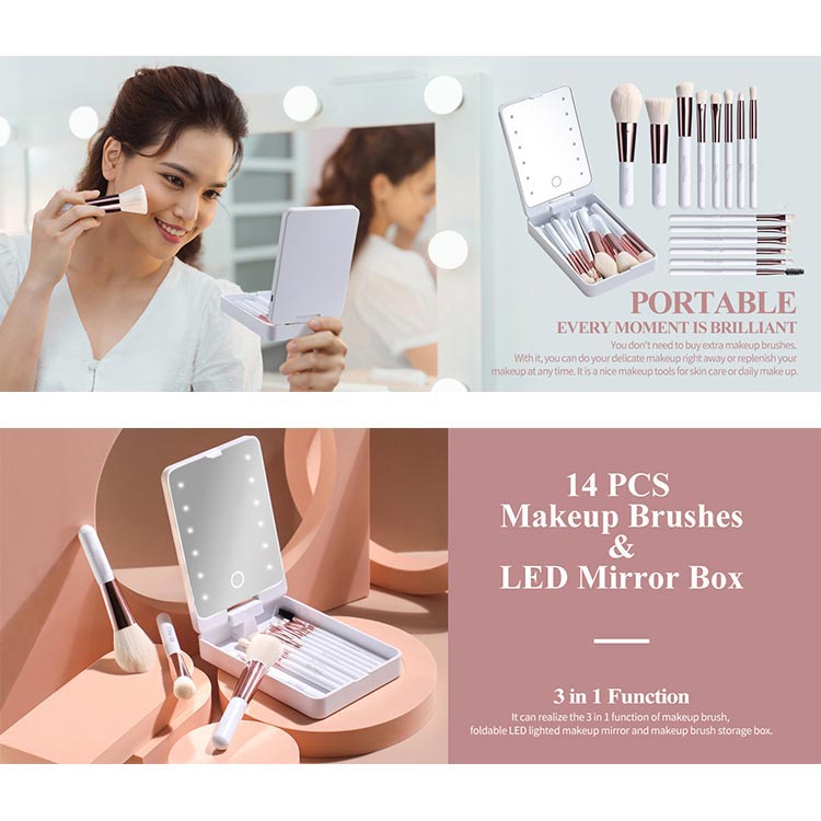 Travel Makeup Brush Set with LED Light Mirror