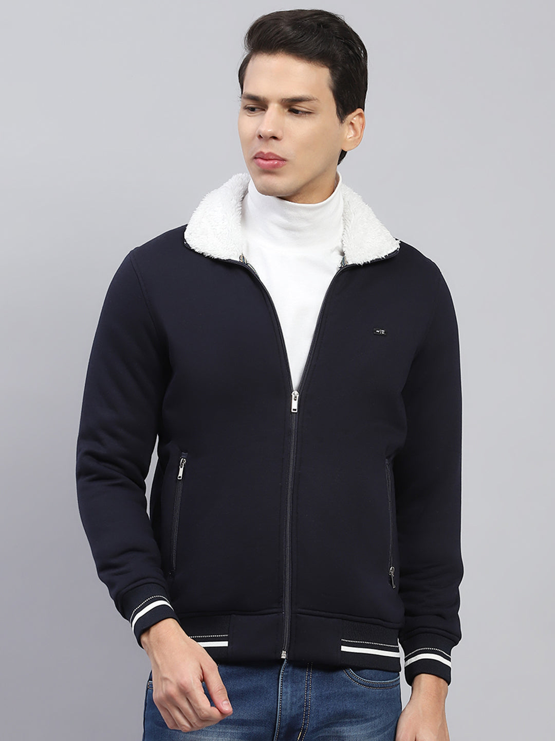 Men Navy Blue Solid Collar Full Sleeve Sweatshirt