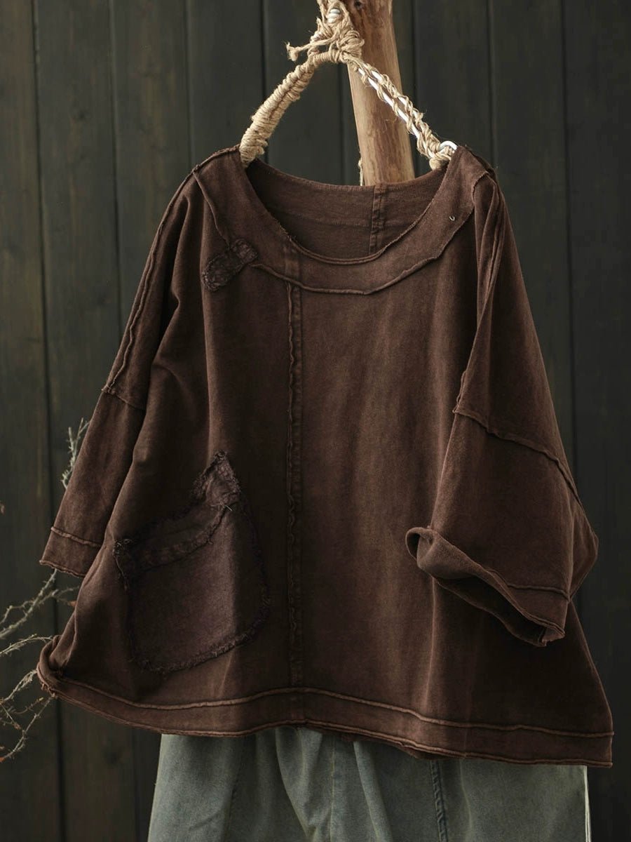 Women Summer Retro Pure Color Cotton Spliced O-Neck Shirt