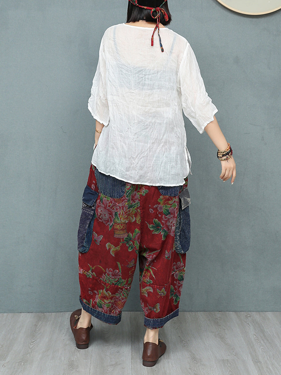 Women Summer Retro Flower Patchwork Harem Pants