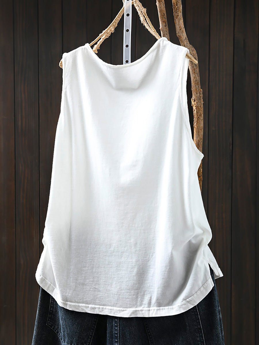 Women Summer Casual Pure Color O-Neck 100%Cotton Vest