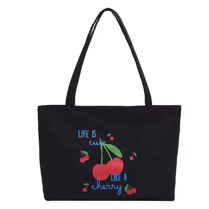 Women's Canvas Cherry Cute Sewing Thread Square Zipper Canvas Bag Tote Bag
