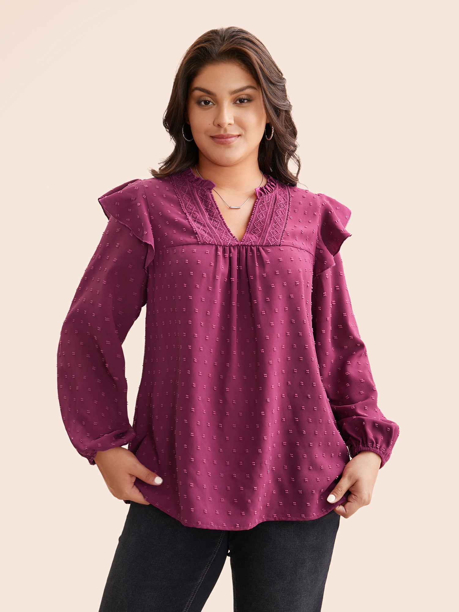 Texture Woven Ribbon Patchwork Ruffles Blouse
