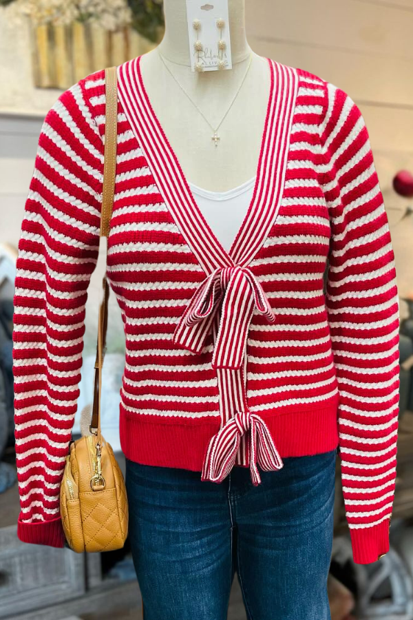 Striped Bow V-Neck Cardigan