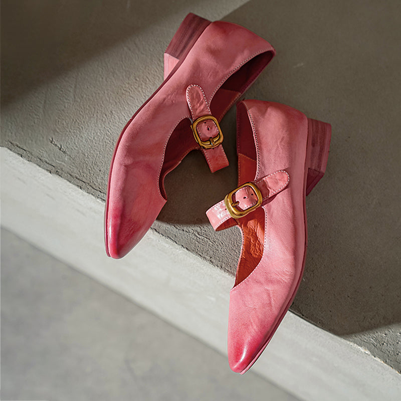 Vintage Handmade Soft Washed Horse Leather Mary Jane Shoes Pink/Blue/Yellow