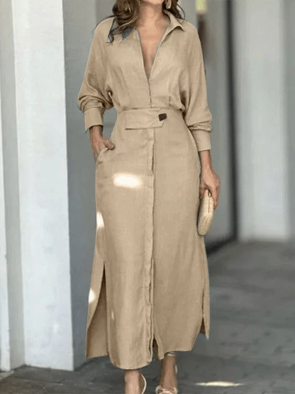 Long Sleeves Loose Split-Joint Split-Side V-Neck Maxi Dresses Shirt Dress