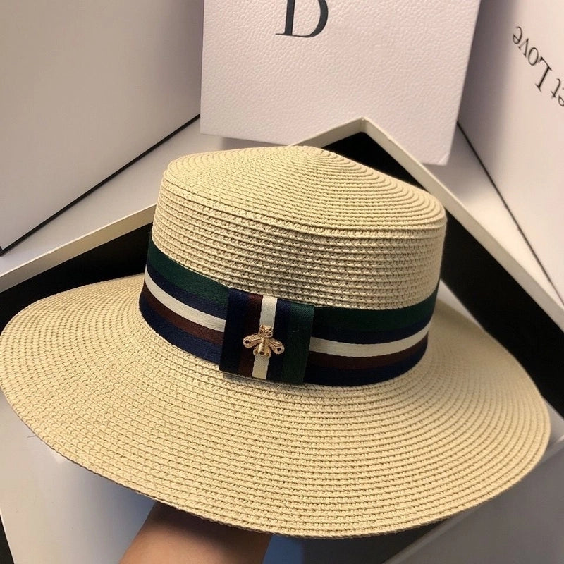 Hat Multi-color Striped Bee Flat Top Top Hat Summer Fashion Korean-style Travel Sunshade Straw Hat Women