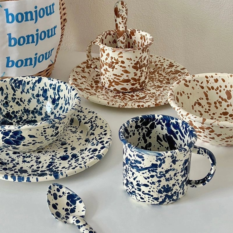 Enamel Splash-ink Bowl Cup Cereal Fruit Salad Bowl Internet Celebrity Enamel Bowl Splash-ink Bowl Tableware Set