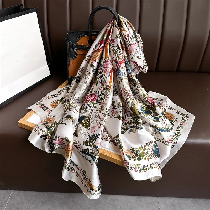 Elegant Small Floral Large Size Shawl High-grade Printed Silk Scarf Imitation Silk Scarf New Long Scarf Thin Li Brocade Satin