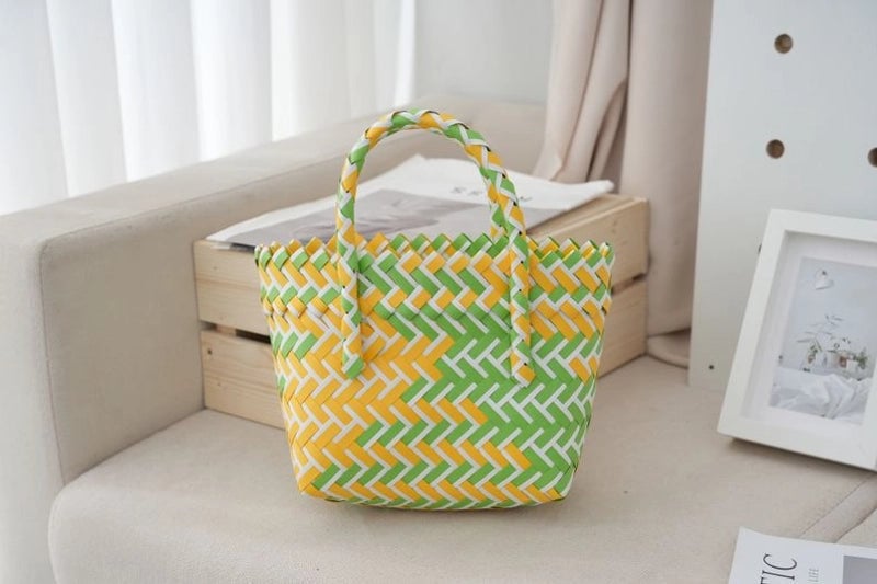 Women's Small PVC Stripe Bow Knot Cute Weave Square Open Handbag