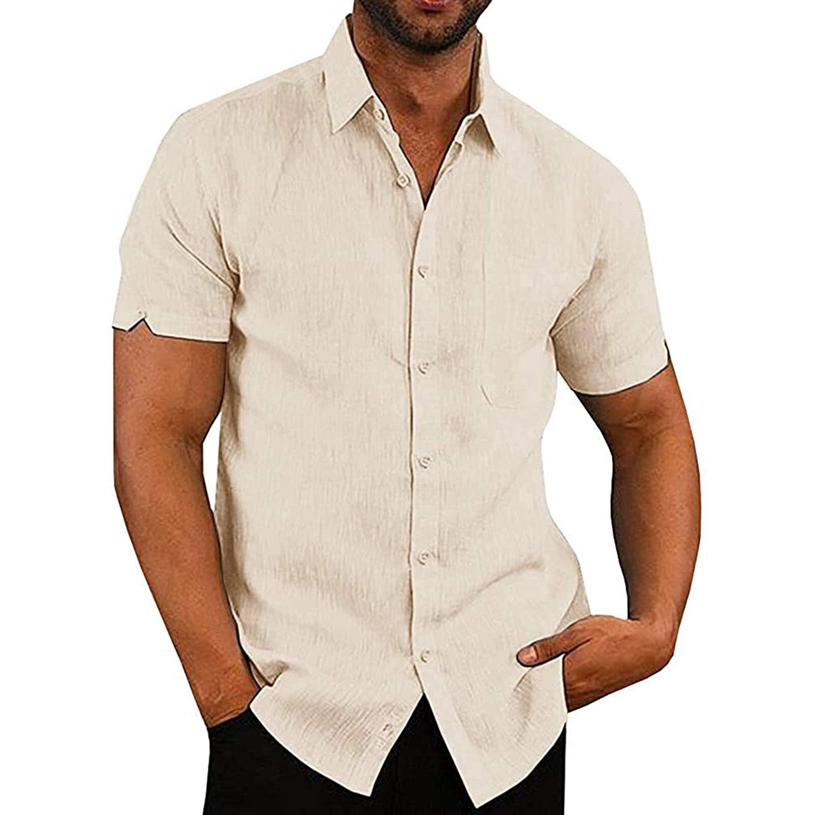 8-pack Mens Linen Shirts Short Sleeved Shirts Button Down Cotton Summer Casual Loose Fit Shirt Tops