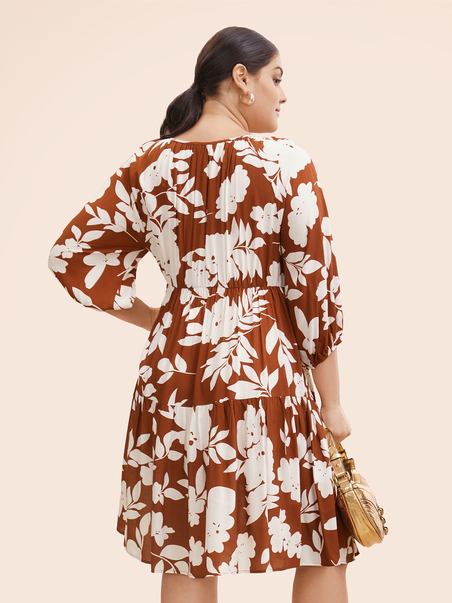 Silhouette Floral Print Knot Neck Lantern Sleeve Dress