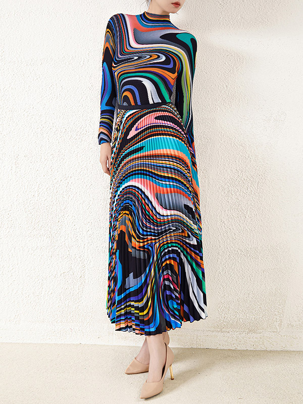 Long Sleeves Contrast Color Pleated Mock Neck T-Shirt Top + Printed A-Line Skirts Bottom Two Pieces Set