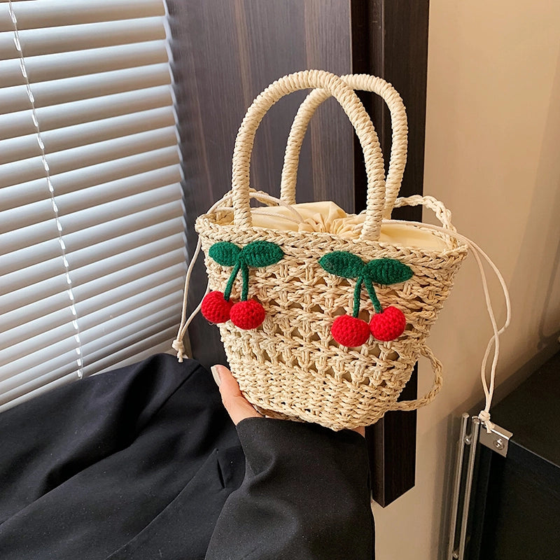 Women's Medium Straw Solid Color Flower Vacation Beach Weave Bucket String Straw Bag
