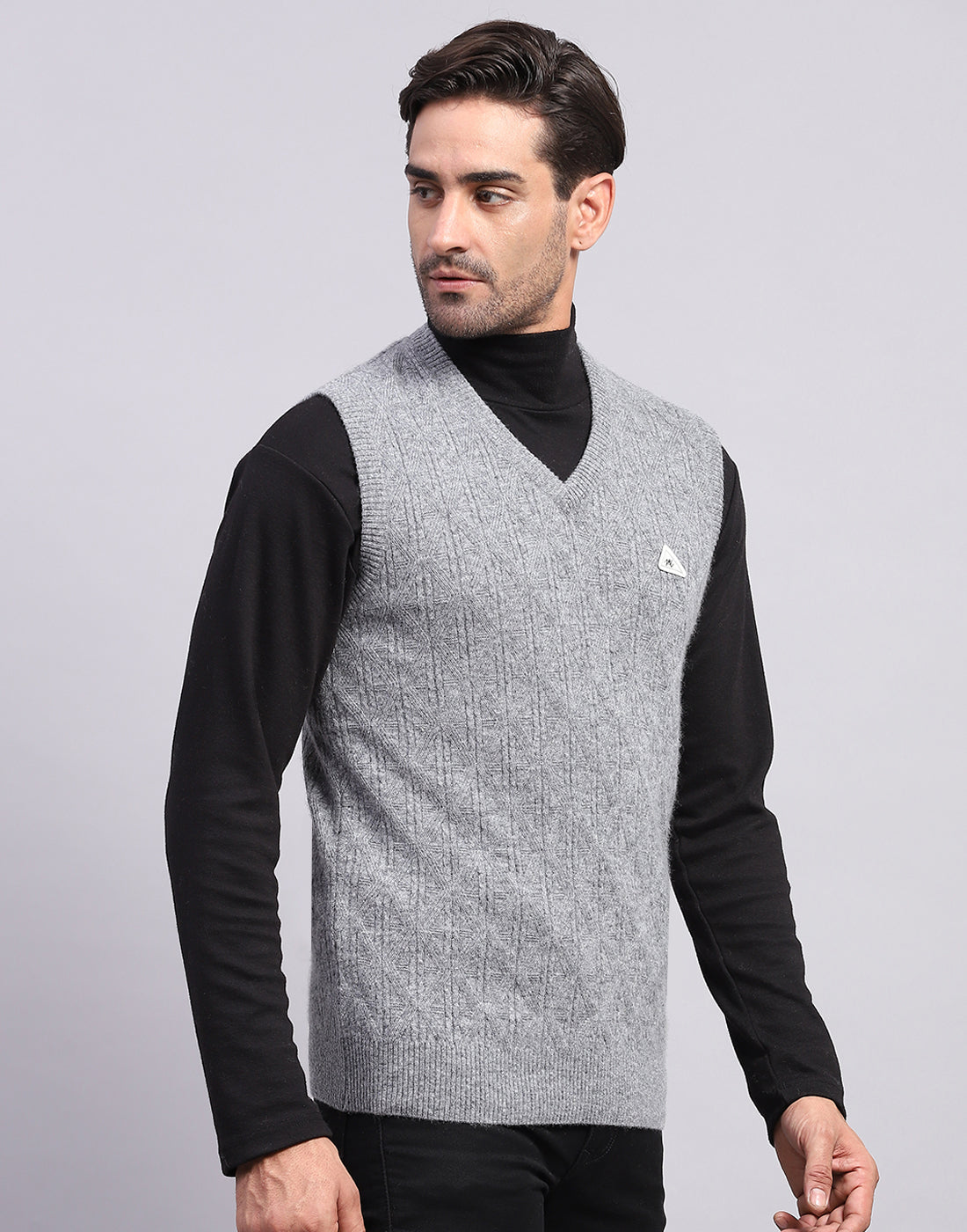 Men Grey Self Design V Neck Sleeveless Sweater