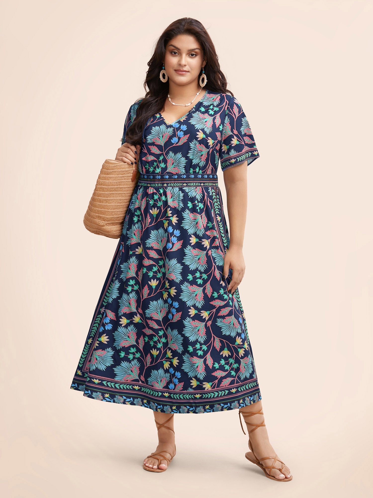 Boho Print Shirred Pocket Midi Dress