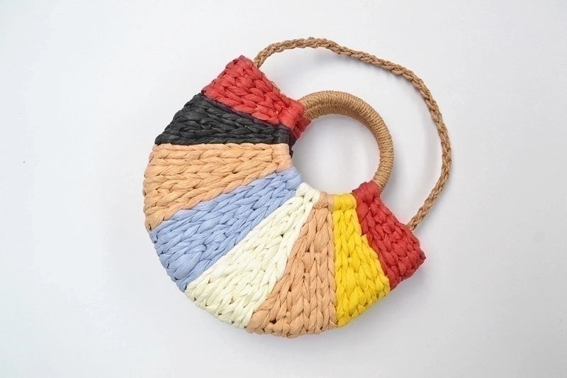 Women's Medium Straw Color Block Cute Oval Open Straw Bag