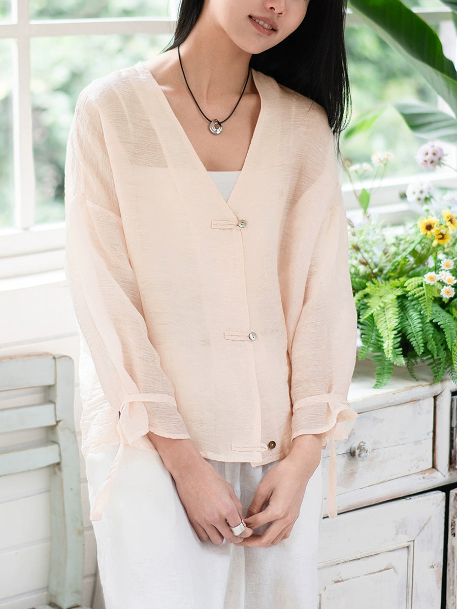 Women Summer Retro Pure Color V-Neck Linen Thin Shirt