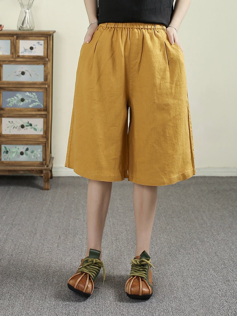 Women Summer Pure Color 100%Linen Wide-leg Fifth Pants