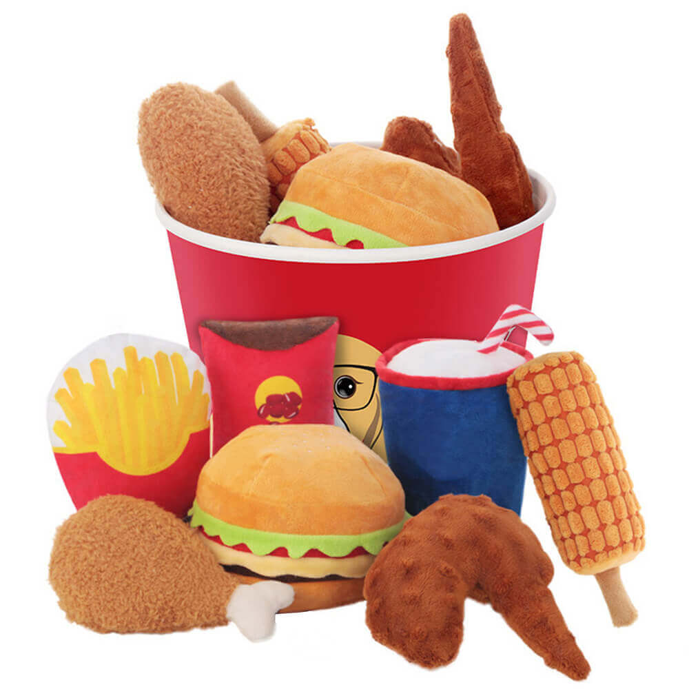 Family Bucket Set Squeaky Plush Toy Puppy Dog Meal Deal Interactive Toy