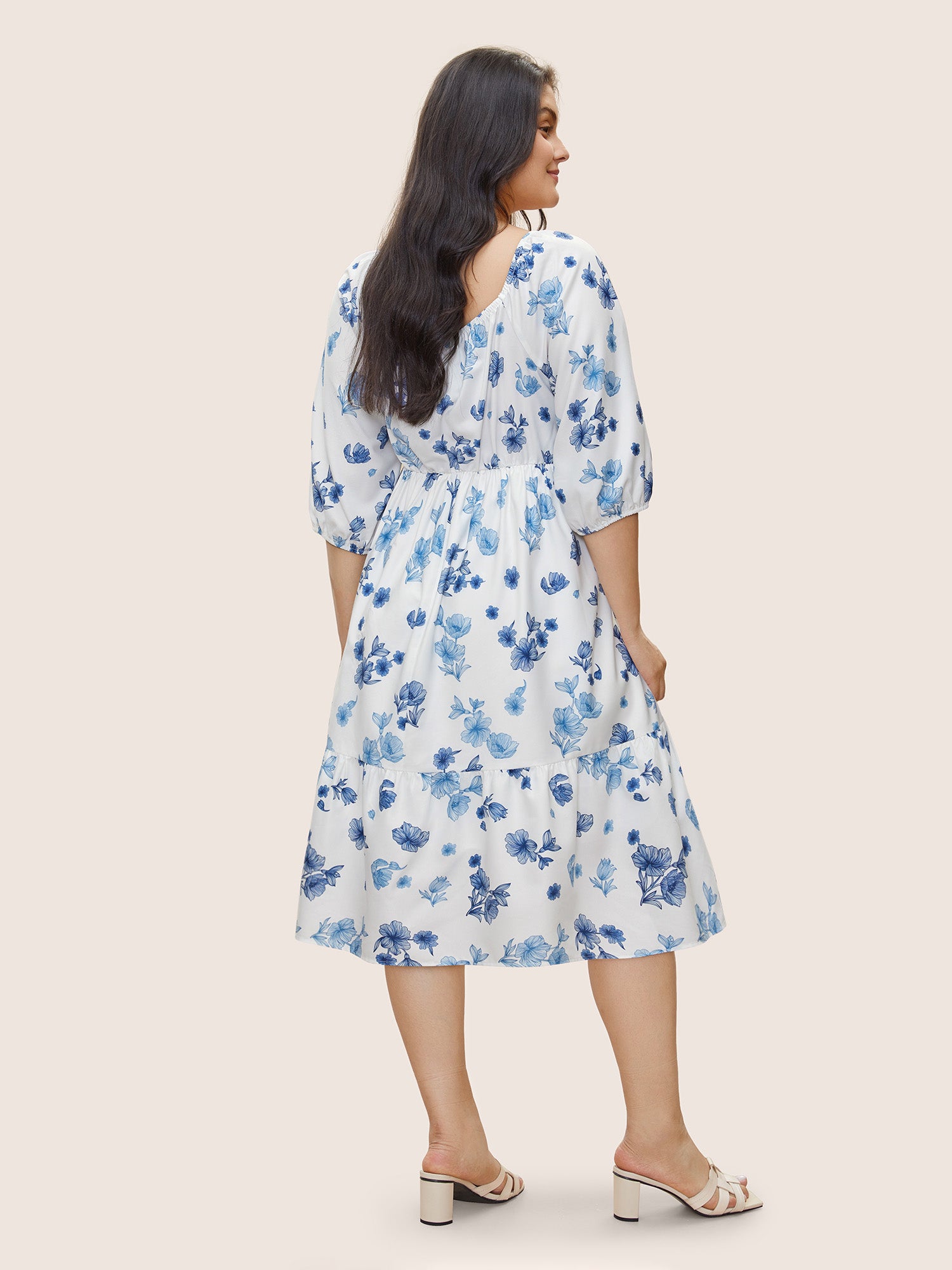 Square Neck Floral Print Pleated Lantern Sleeve Dress