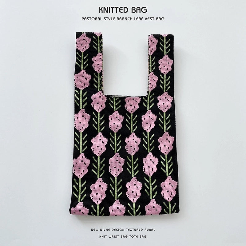 Women's Medium Knit Letter Flower Cute Vintage Style Square Open Handbag