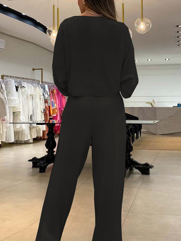 Solid Color Triangle Bras + Three-Quarter Sleeves Blouse + Pants Trousers Three Pieces Set
