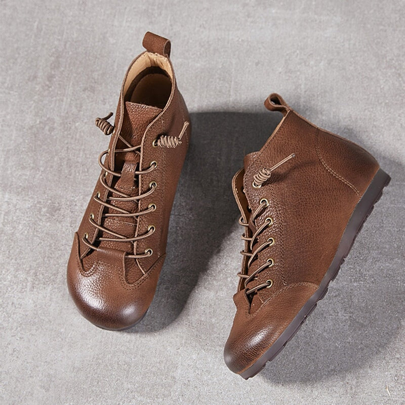 Retro Handmade Genuine Leather Barefoot Boots Lace-Up Ankle Boots in Camel/Coffee