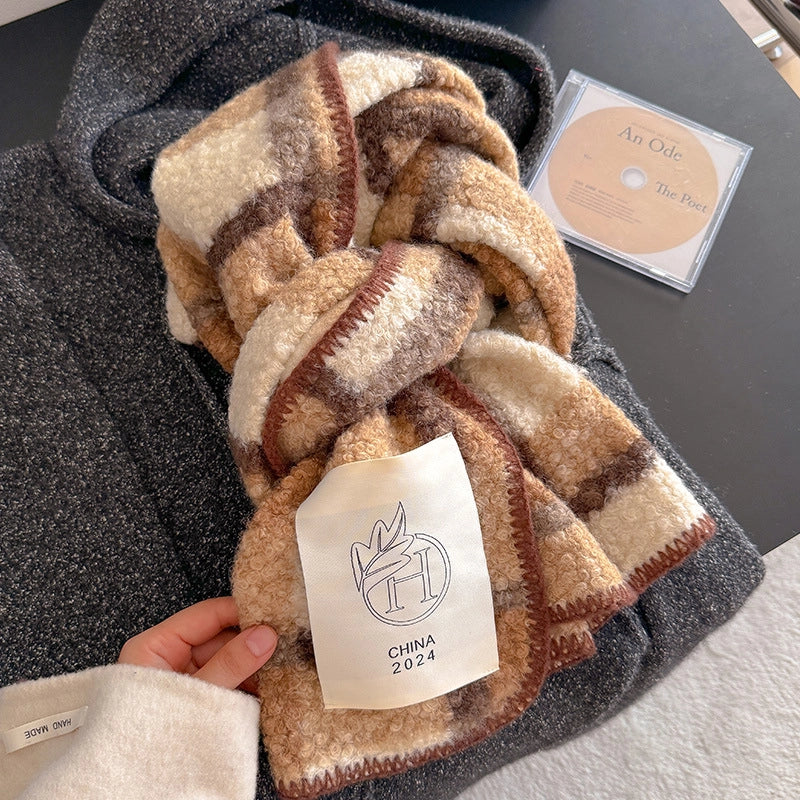 Atmosphere Color-Contrast Check Circle Hair Scarf Women's Winter Warm All-Matching Affordable Luxury Fashion Temperament Shawl