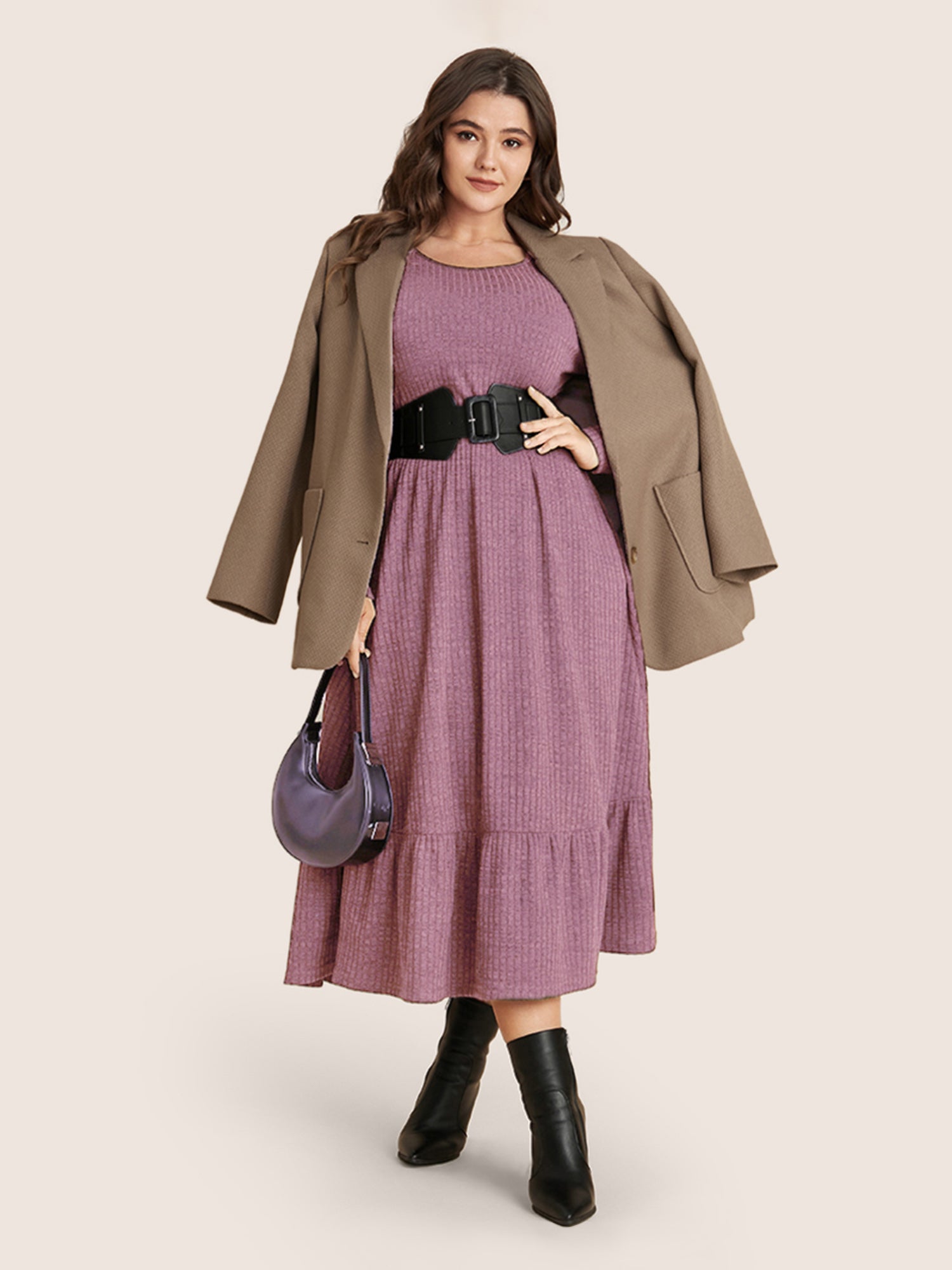 Solid Pocket Rib Knit Ruffle Hem Dress Without Belt